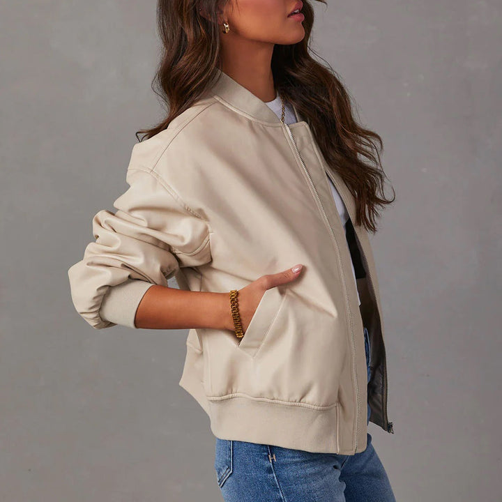 Oversized Leather Bomber Jacket with Ribbed Collar, Cuffs and Hem - Marl &amp; Mere