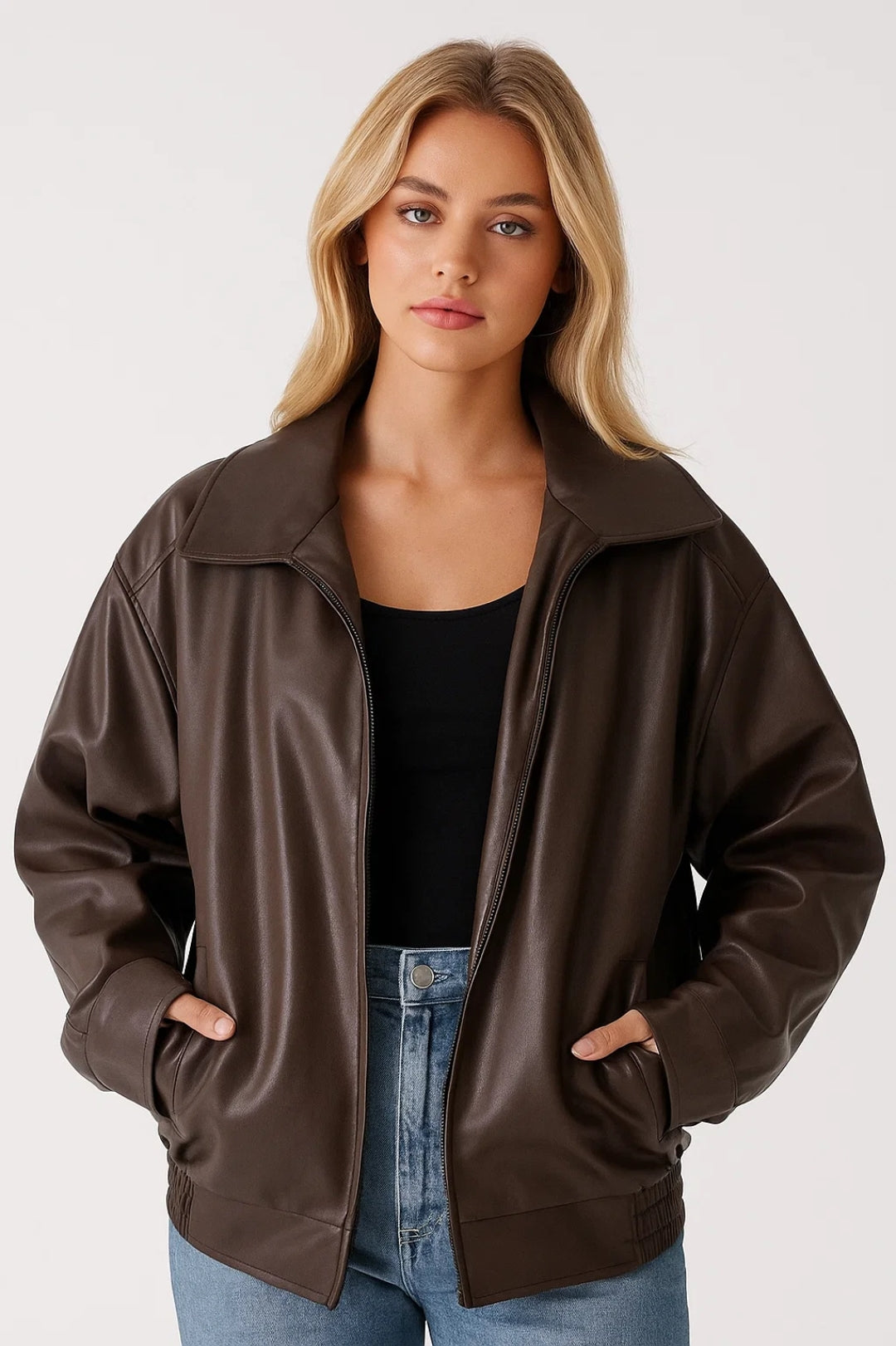 Oversized Leather Bomber Jacket with Wide Collar and Elasticated Hem - Marl & Mere
