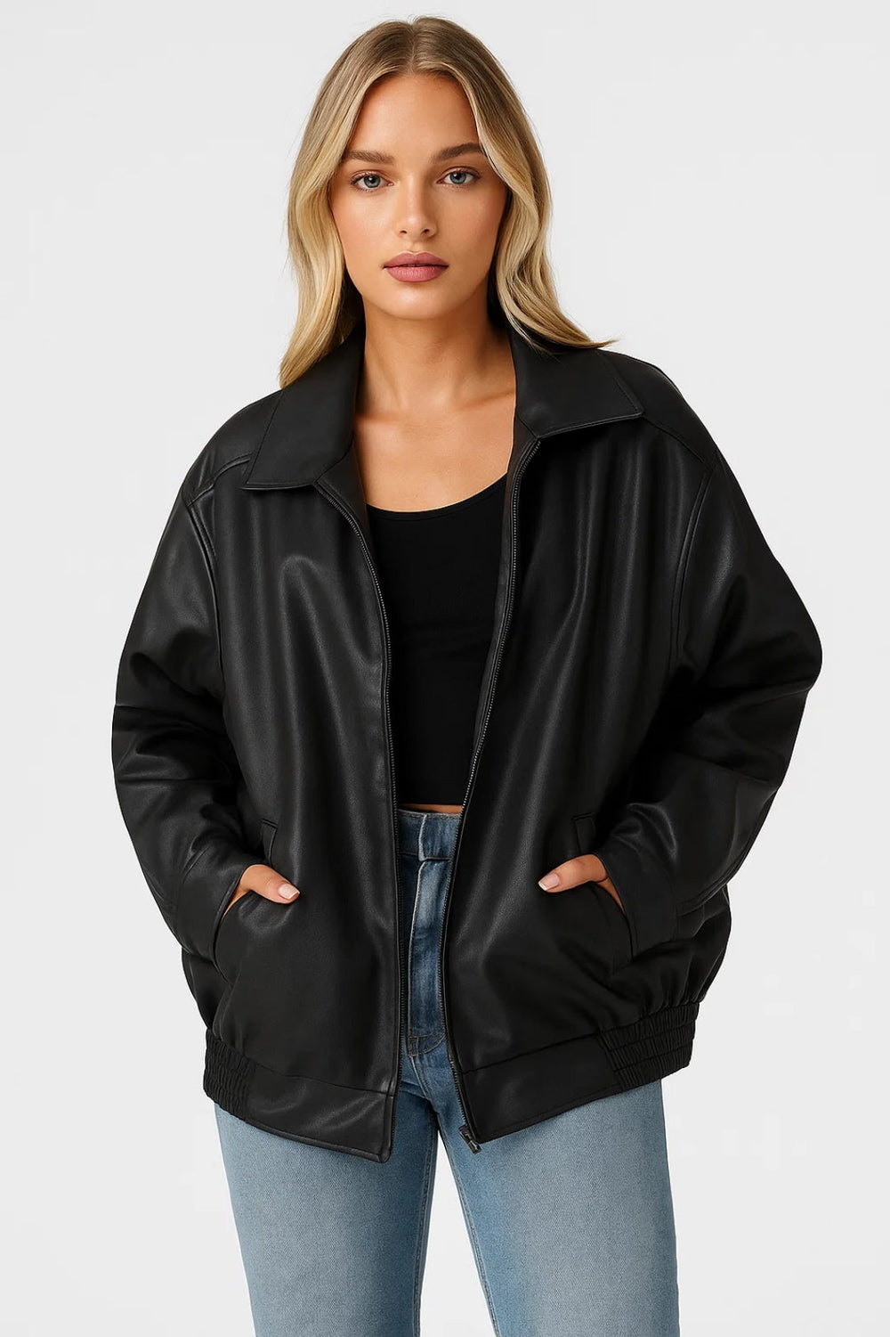 Oversized Leather Bomber Jacket with Wide Collar and Elasticated Hem - Marl & Mere