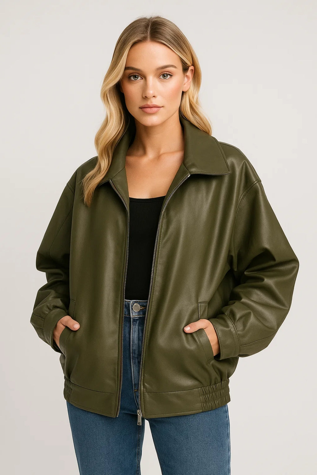 Oversized Leather Bomber Jacket with Wide Collar and Elasticated Hem - Marl &amp; Mere