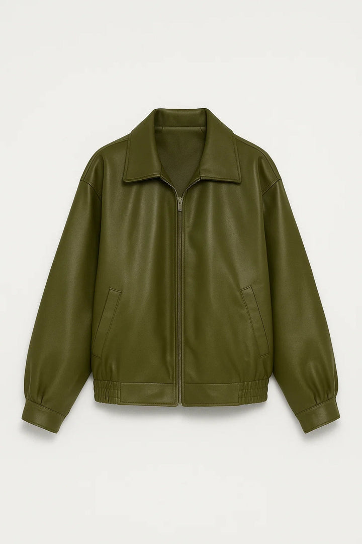 Oversized Leather Bomber Jacket with Wide Collar and Elasticated Hem - Marl &amp; Mere