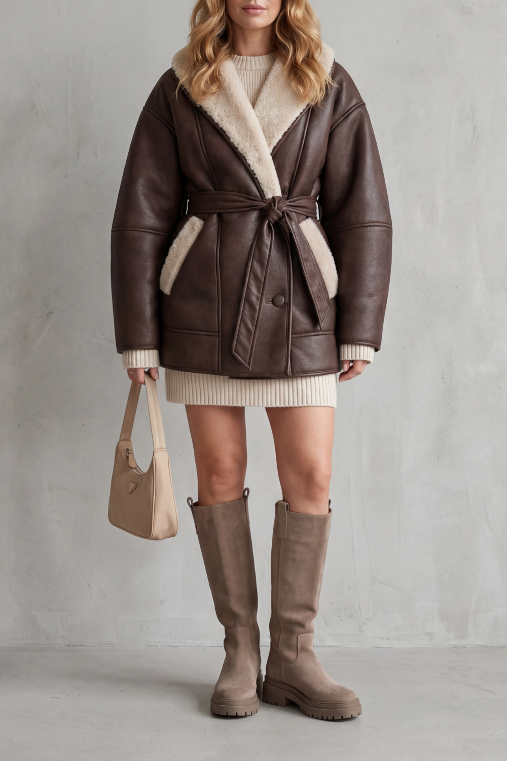 Oversized Leather Coat with Sherpa Lapels, Cuffs and Tie Belt - Marl &amp; Mere