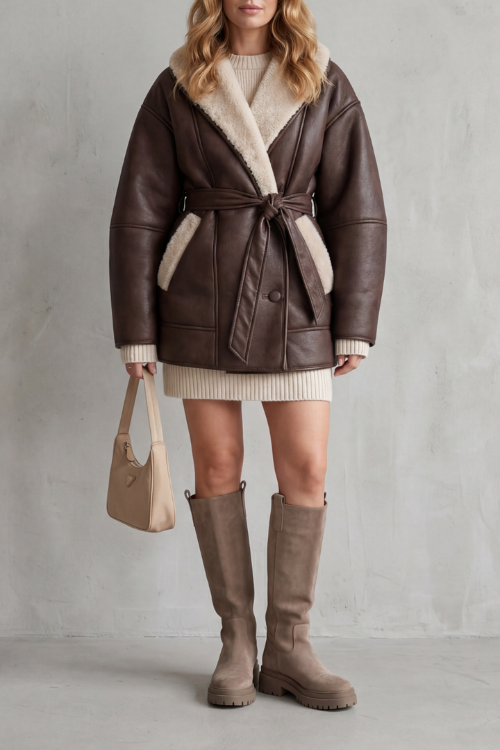 Oversized Leather Coat with Sherpa Lapels, Cuffs and Tie Belt - Marl &amp; Mere