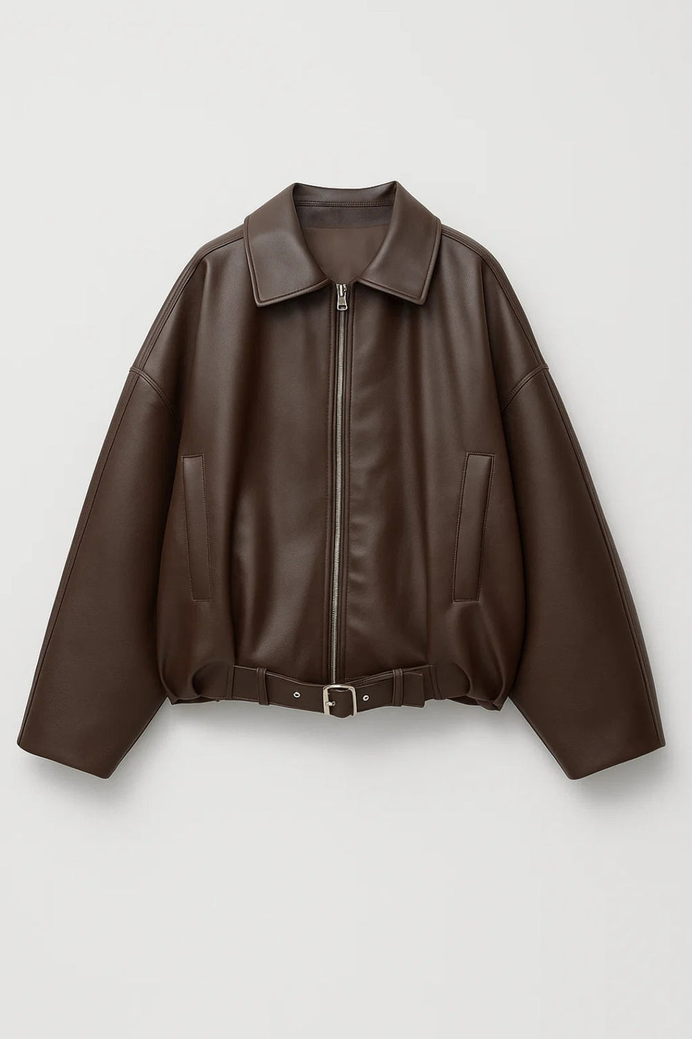 Oversized Leather Jacket with Buckle Belt Hem and Full Zip - Marl & Mere