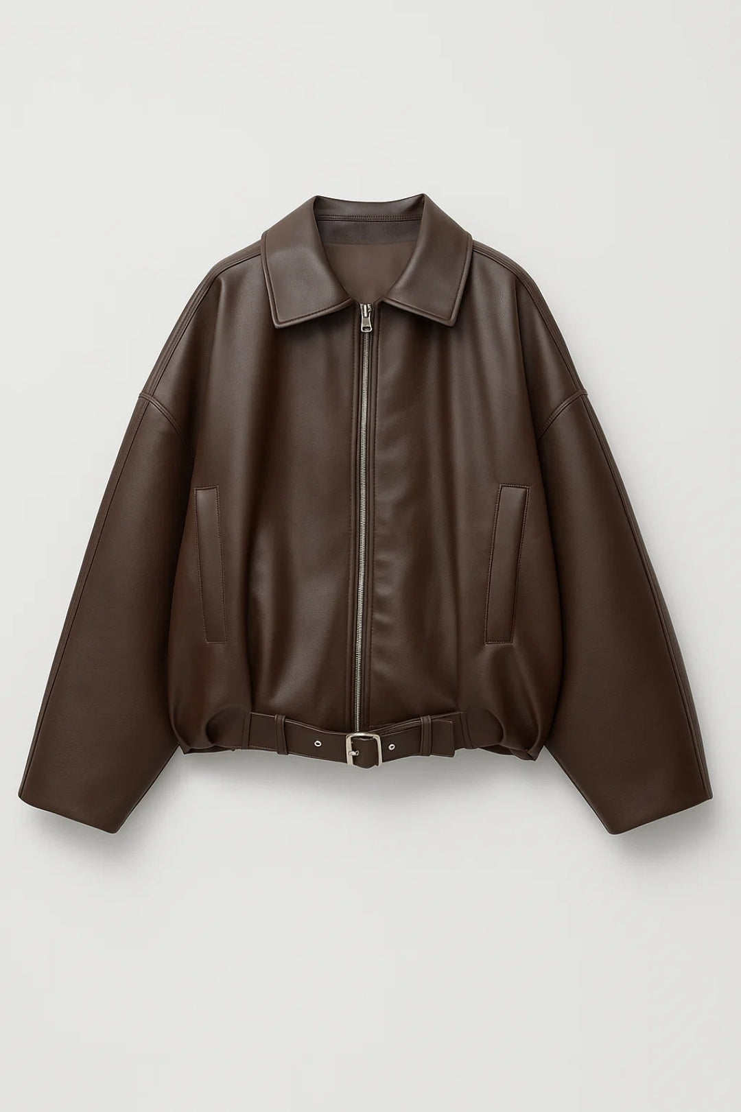 Oversized Leather Jacket with Buckle Belt Hem and Full Zip - Marl &amp; Mere