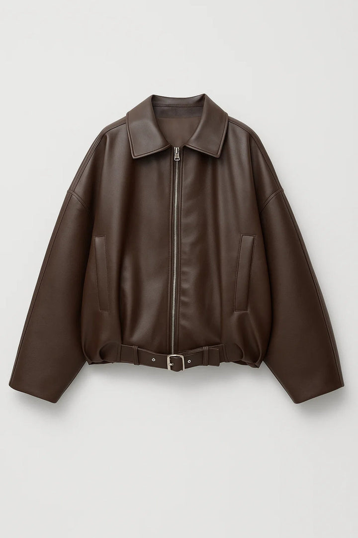 Oversized Leather Jacket with Buckle Belt Hem and Full Zip - Marl &amp; Mere