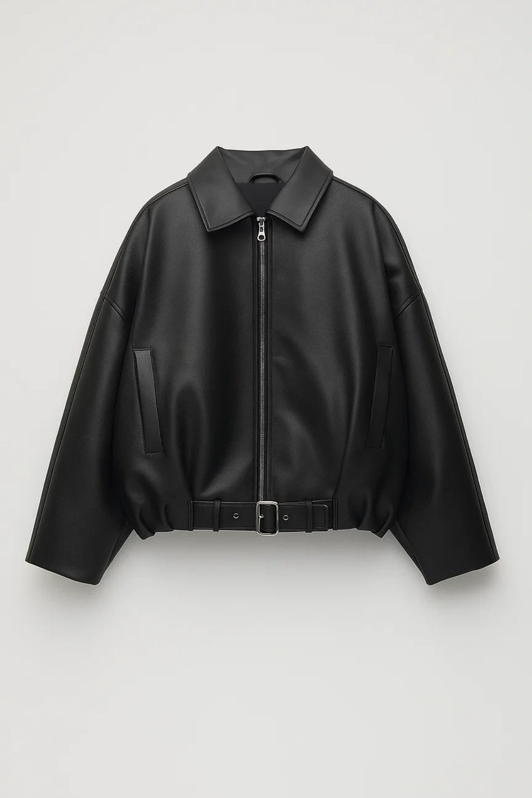 Oversized Leather Jacket with Buckle Belt Hem and Full Zip - Marl &amp; Mere
