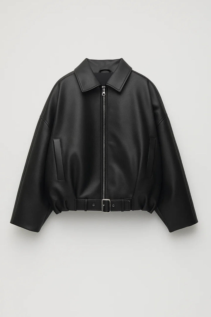 Oversized Leather Jacket with Buckle Belt Hem and Full Zip - Marl &amp; Mere