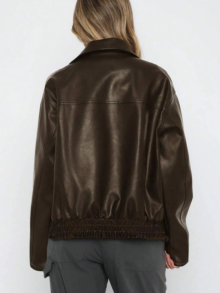 Oversized Leather Jacket with Ruched Elasticated Hem and Wide Collar - Marl &amp; Mere