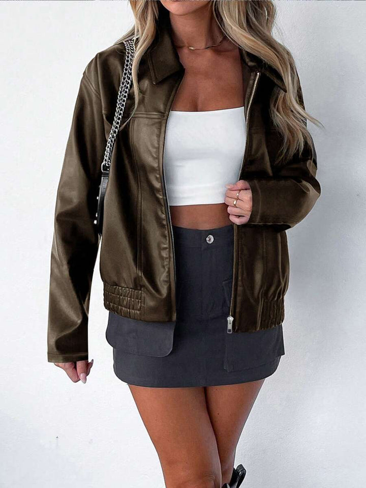 Oversized Leather Jacket with Ruched Elasticated Hem and Wide Collar - Marl &amp; Mere