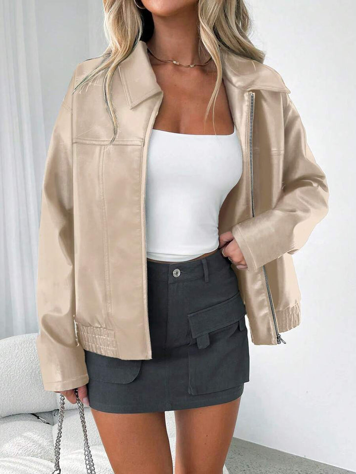 Oversized Leather Jacket with Ruched Elasticated Hem and Wide Collar - Marl &amp; Mere