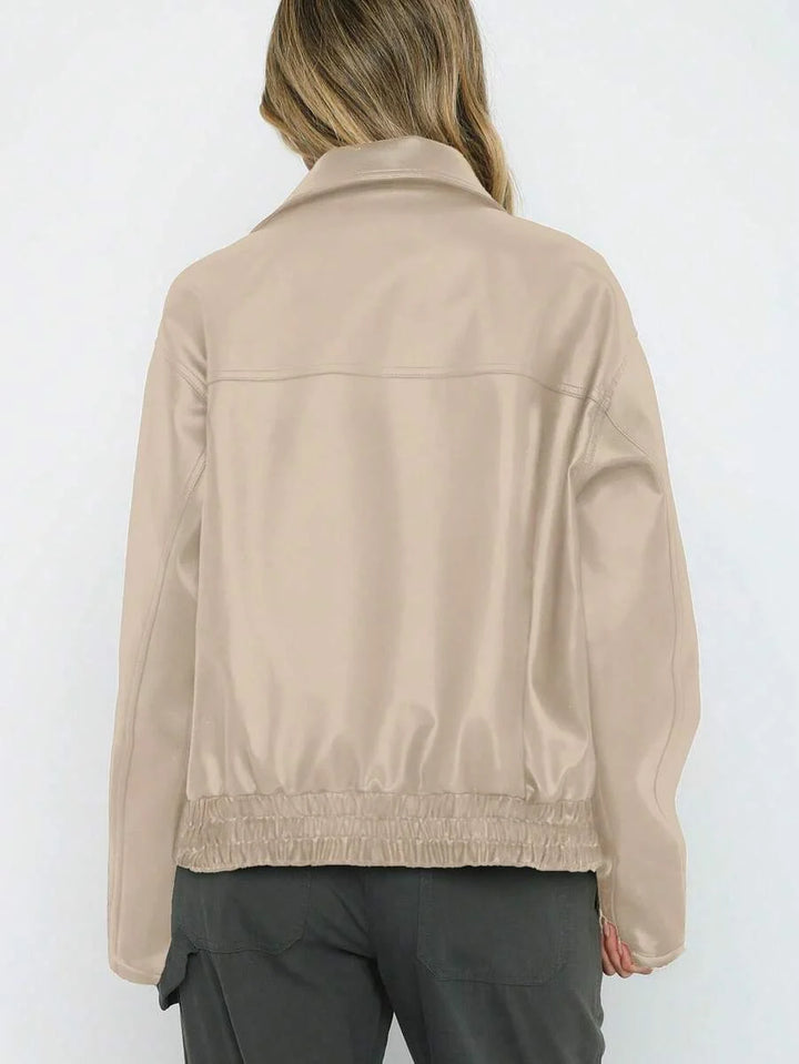 Oversized Leather Jacket with Ruched Elasticated Hem and Wide Collar - Marl &amp; Mere