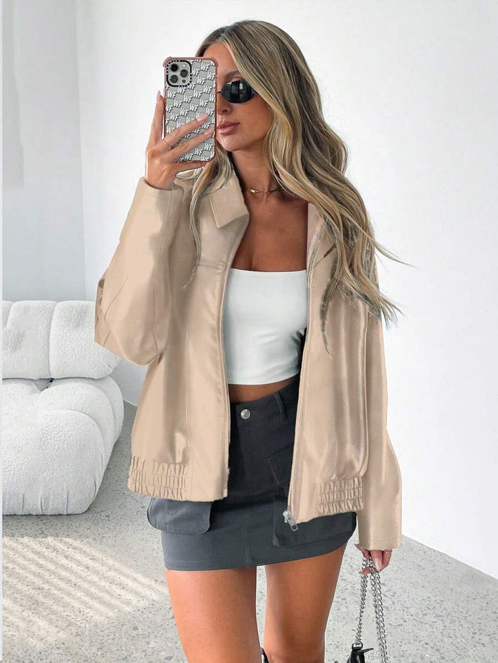 Oversized Leather Jacket with Ruched Elasticated Hem and Wide Collar - Marl &amp; Mere