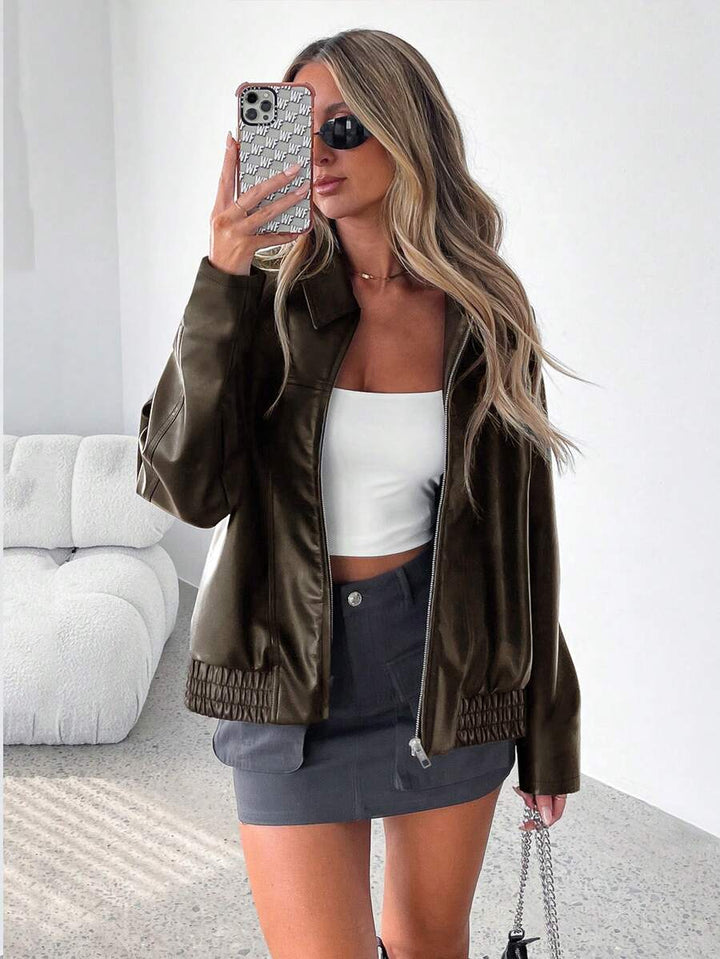 Oversized Leather Jacket with Ruched Elasticated Hem and Wide Collar - Marl &amp; Mere