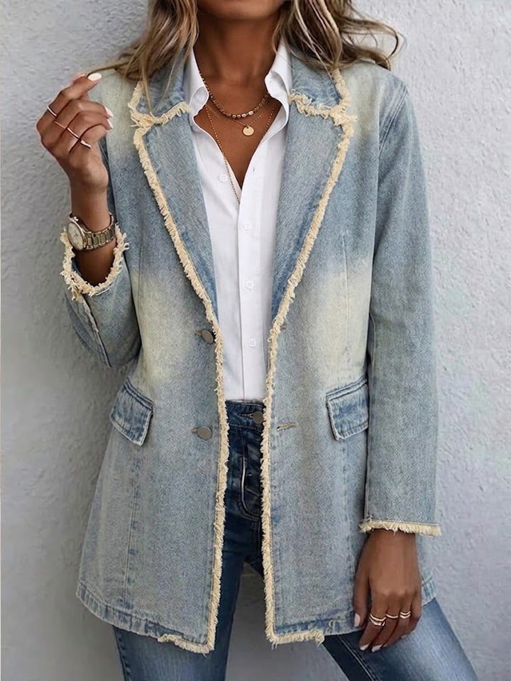 Oversized Light Wash Denim Blazer with Cream Frayed Trim