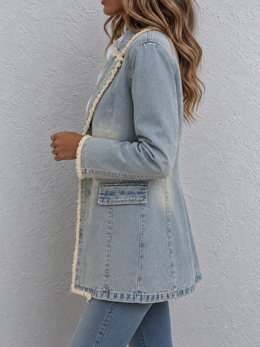 Oversized Light Wash Denim Blazer with Cream Frayed Trim