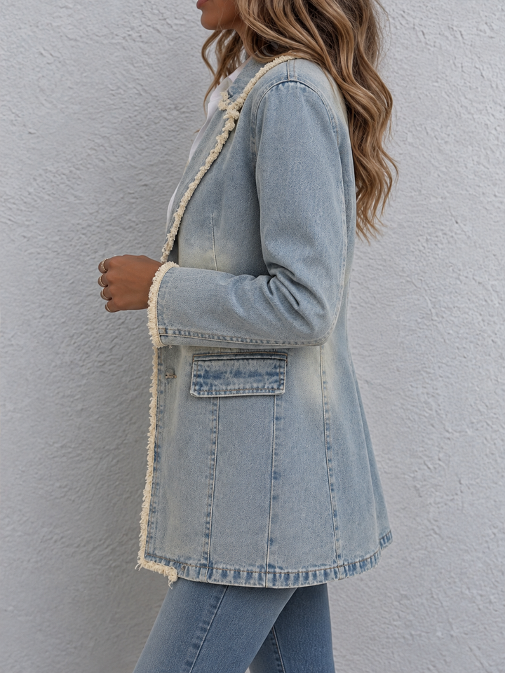 Oversized Light Wash Denim Blazer with Cream Frayed Trim