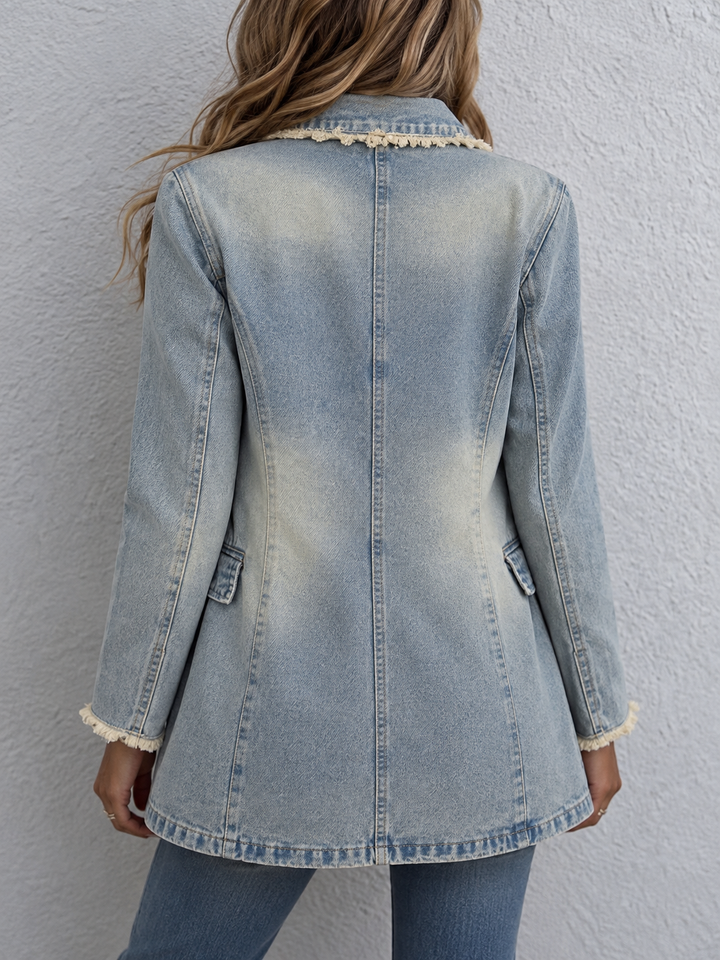 Oversized Light Wash Denim Blazer with Cream Frayed Trim