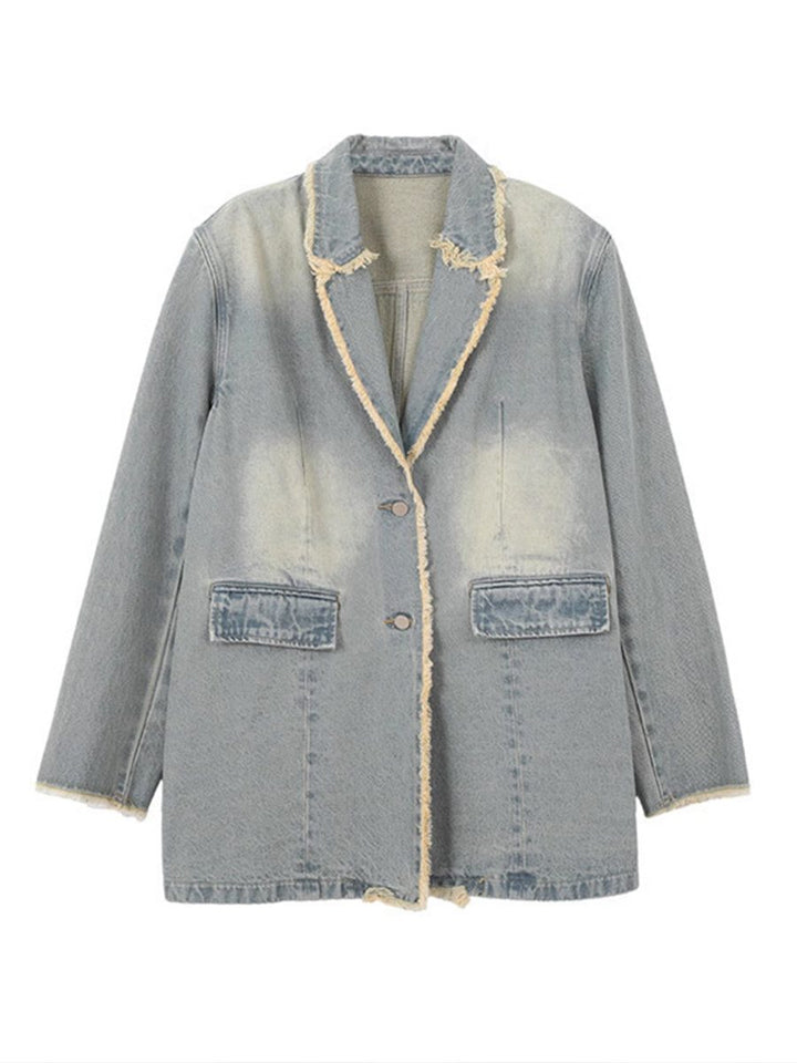 Oversized Light Wash Denim Blazer with Cream Frayed Trim