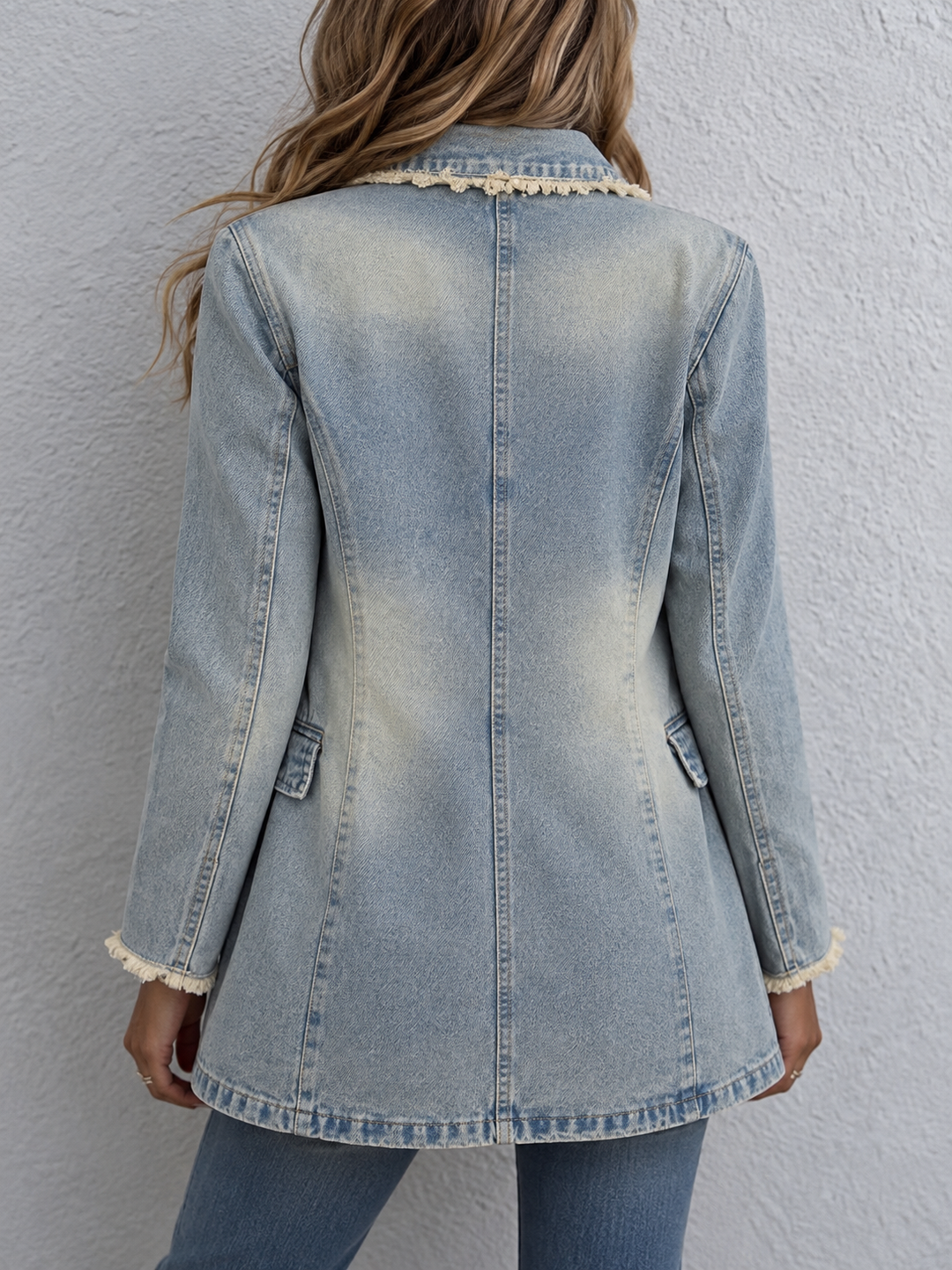 Oversized Light Wash Denim Blazer with Cream Frayed Trim - Marl &amp; Mere