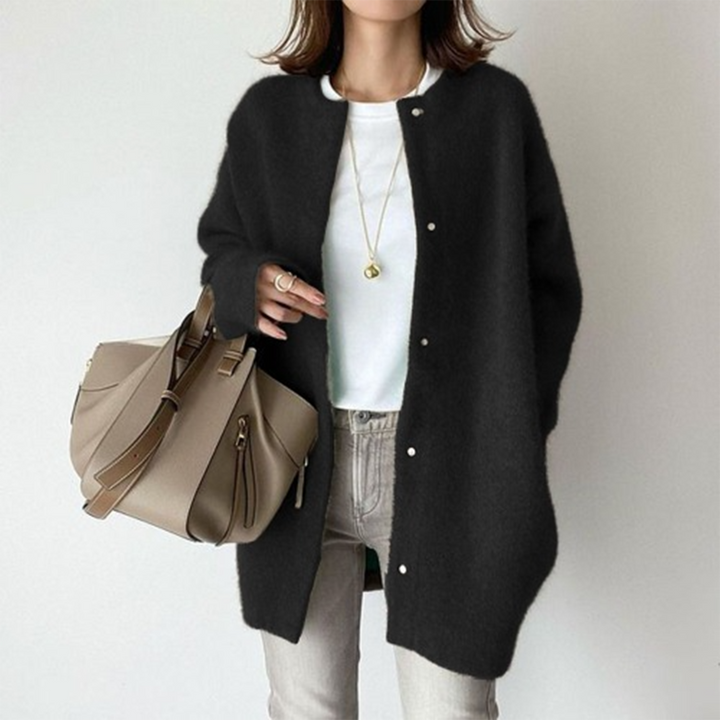 Oversized Longline Knit Cardigan with Round Neck and Button Front