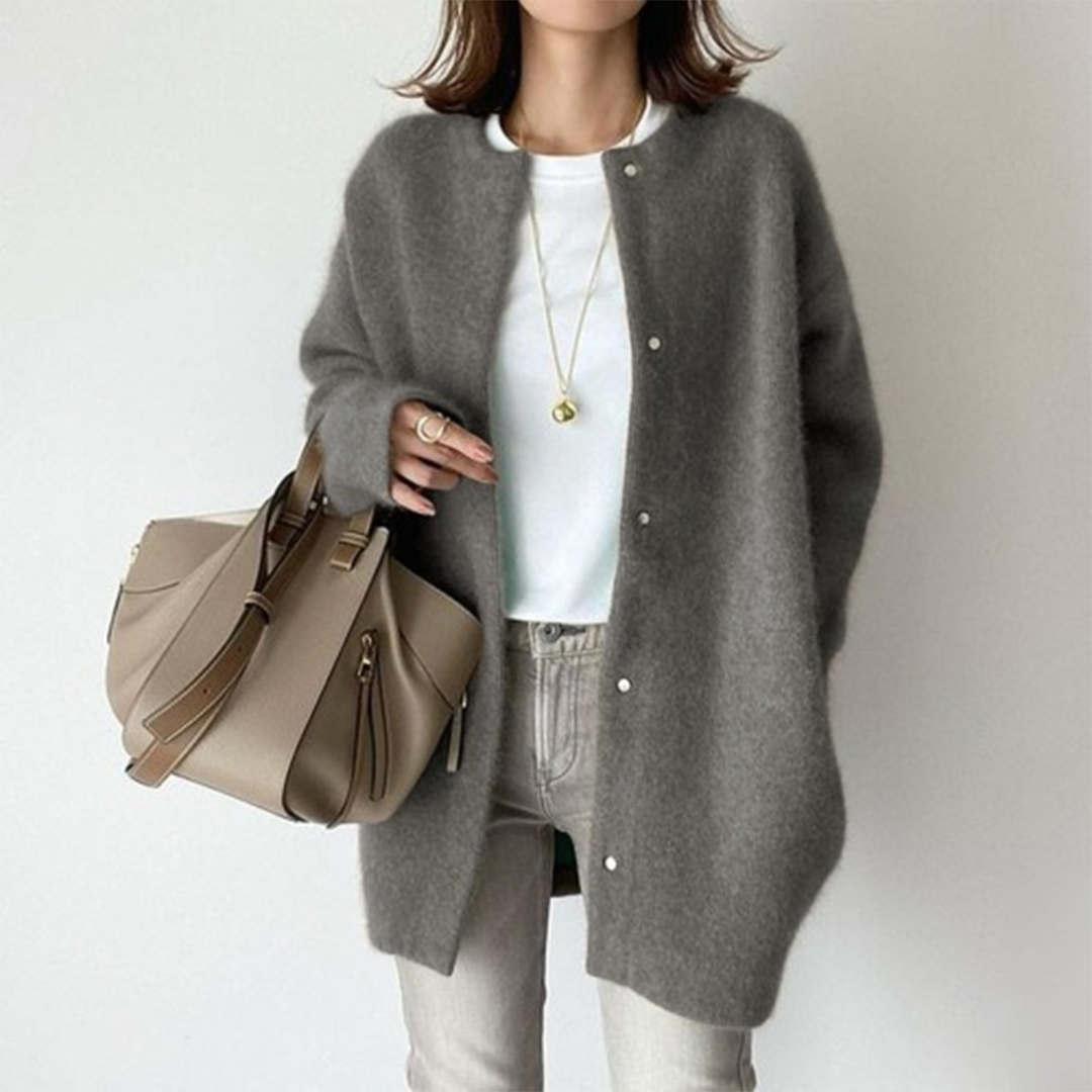 Oversized Longline Knit Cardigan with Round Neck and Button Front