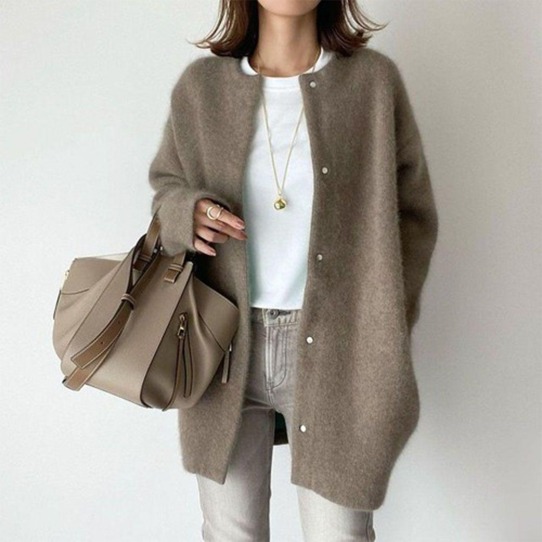 Oversized Longline Knit Cardigan with Round Neck and Button Front