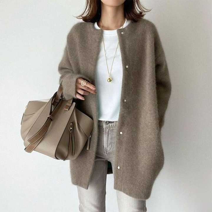 Oversized Longline Knit Cardigan with Round Neck and Button Front