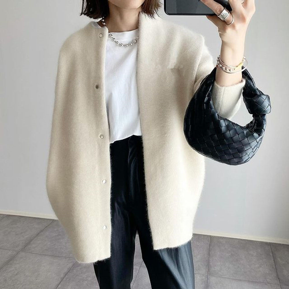Oversized Longline Knit Cardigan with Round Neck and Button Front