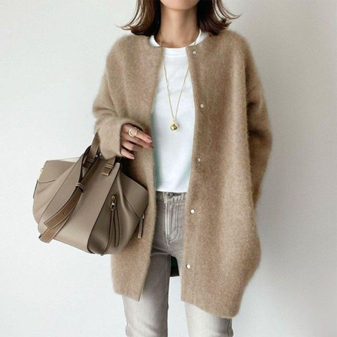 Oversized Longline Knit Cardigan with Round Neck and Button Front - Marl &amp; Mere