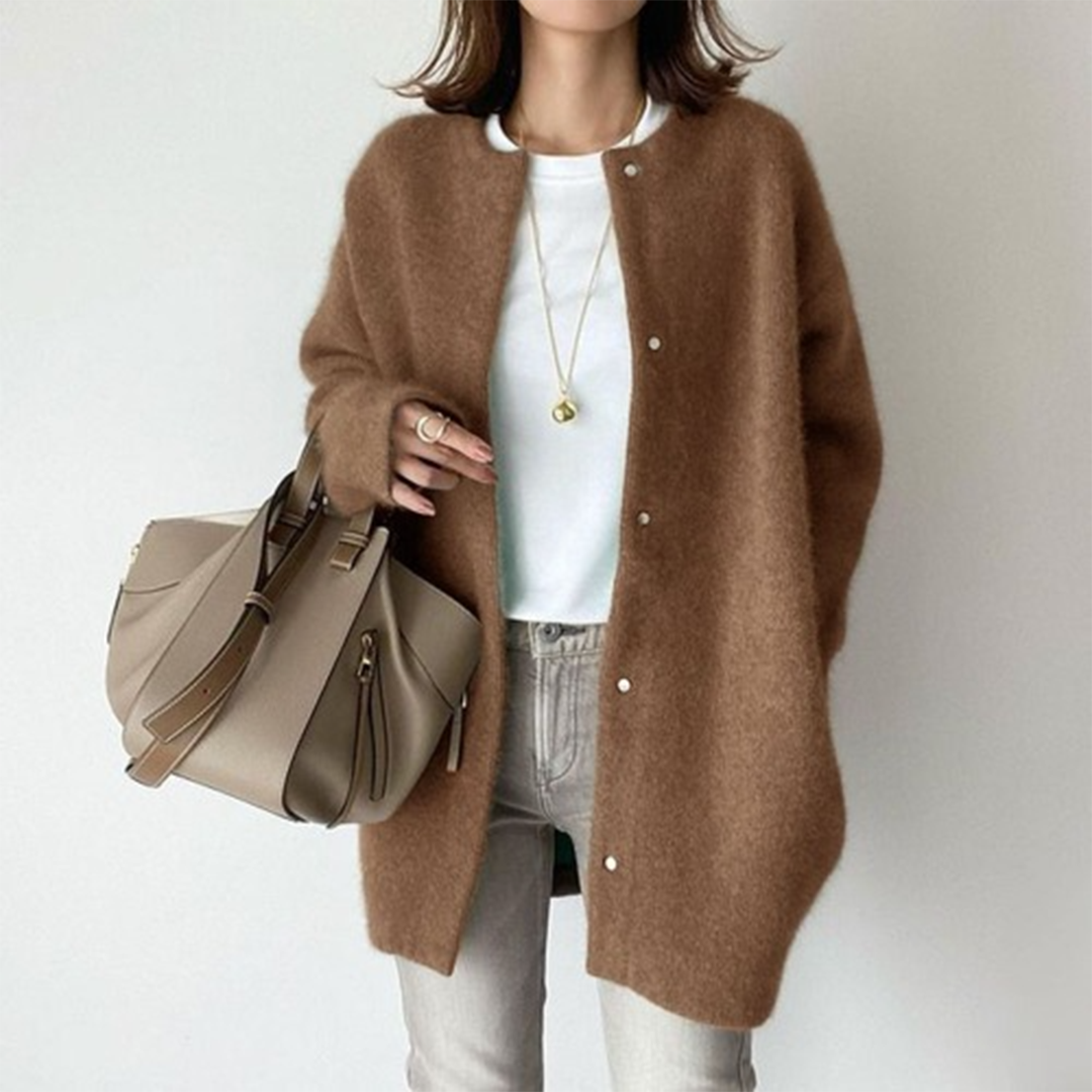 Oversized Longline Knit Cardigan with Round Neck and Button Front - Marl &amp; Mere