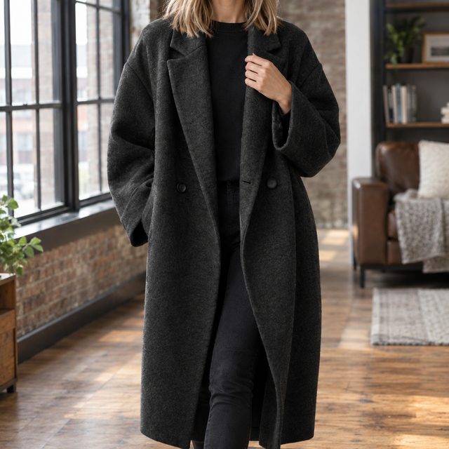 Oversized Longline Wool-Look Coat with Wide Lapels and Double Button