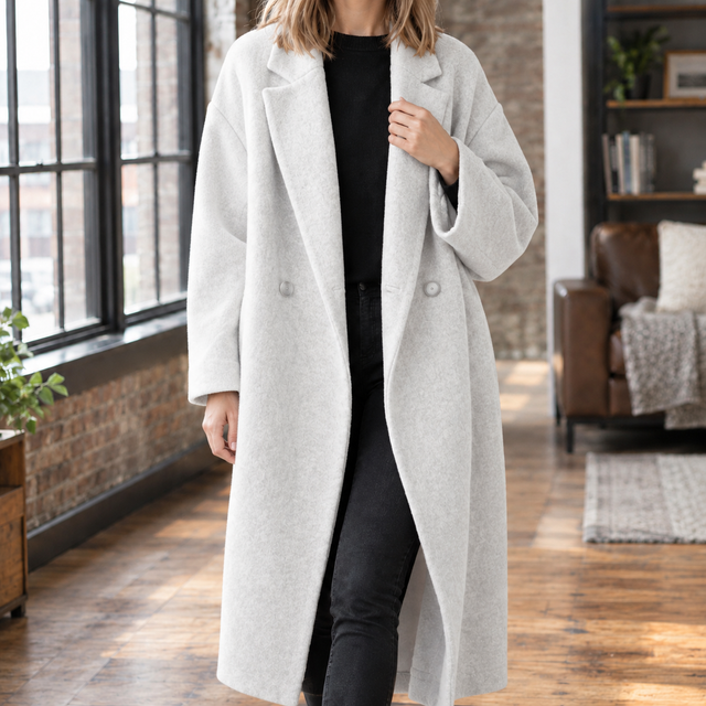 Oversized Longline Wool-Look Coat with Wide Lapels and Double Button