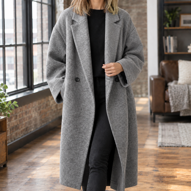 Oversized Longline Wool-Look Coat with Wide Lapels and Double Button