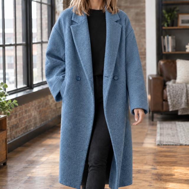 Oversized Longline Wool-Look Coat with Wide Lapels and Double Button