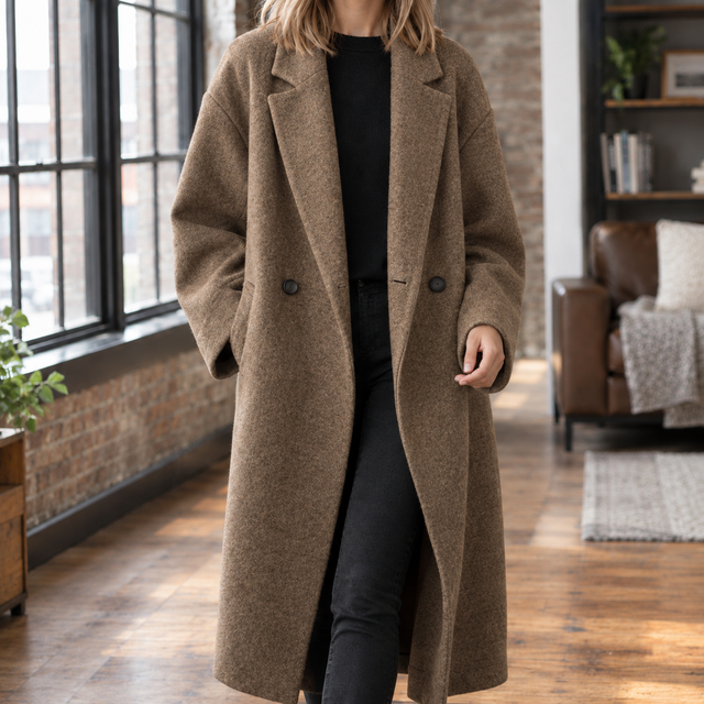 Oversized Longline Wool-Look Coat with Wide Lapels and Double Button - Marl &amp; Mere