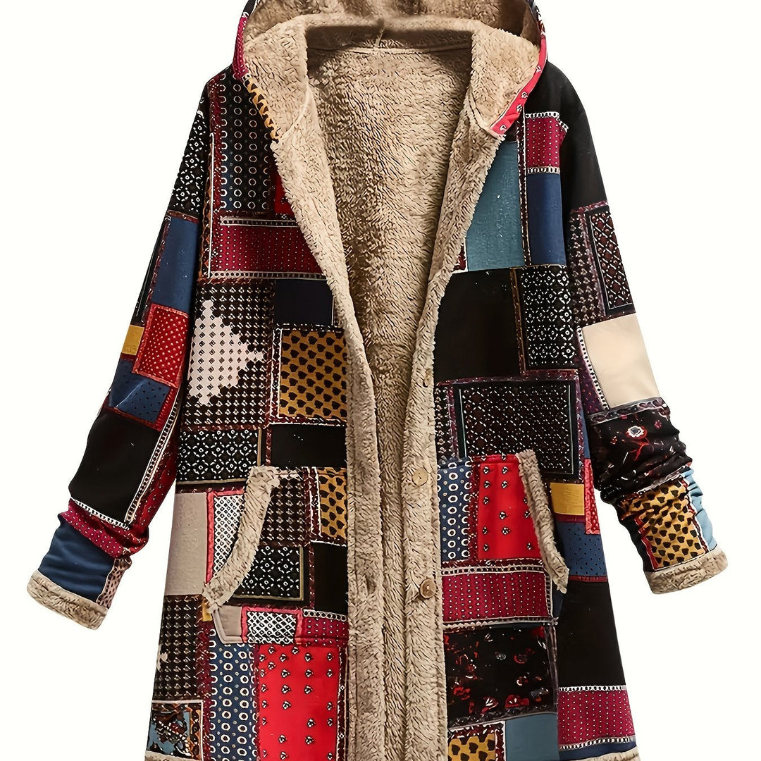 Patchwork Print Hooded Longline Jacket with Plush Lining