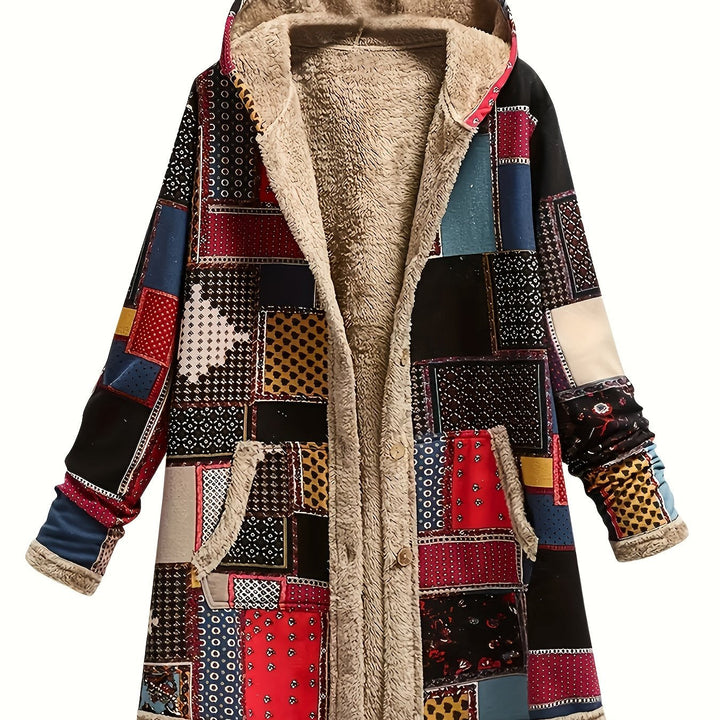 Patchwork Print Hooded Longline Jacket with Plush Lining