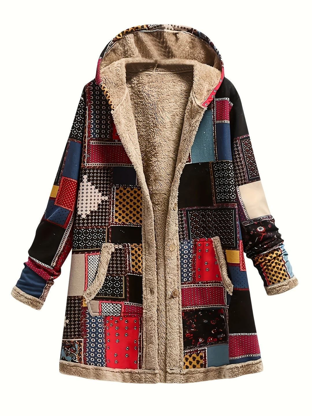 Patchwork Print Hooded Longline Jacket with Plush Lining