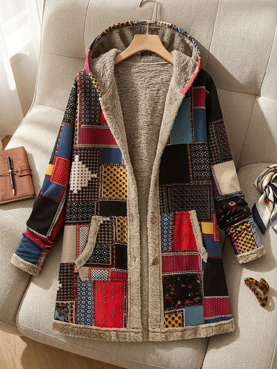Patchwork Print Hooded Longline Jacket with Plush Lining