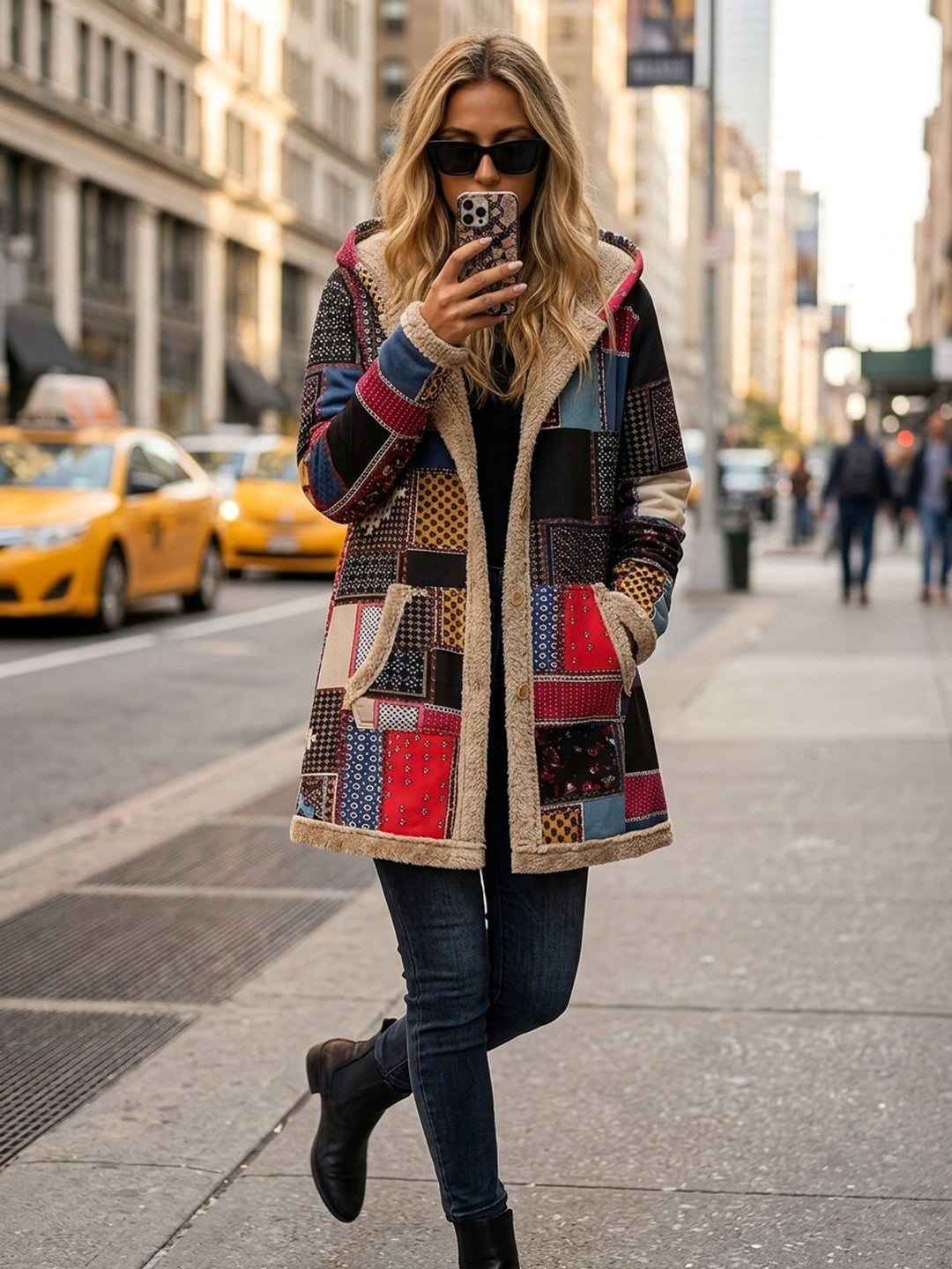 Patchwork Print Hooded Longline Jacket with Plush Lining