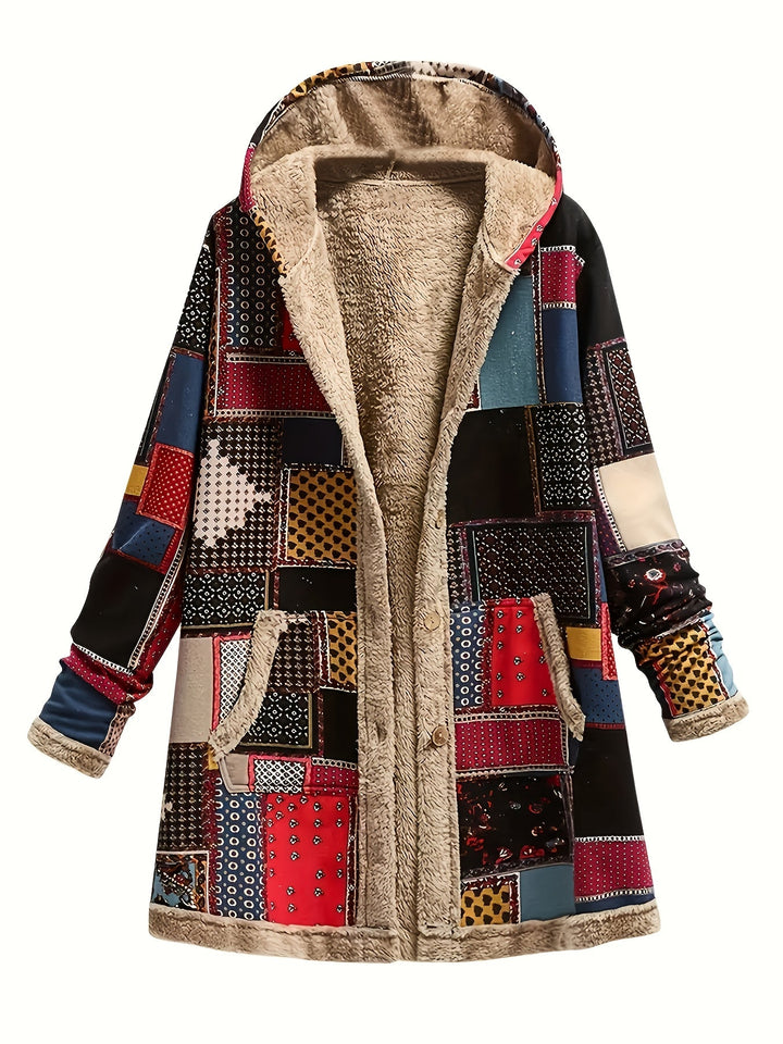 Patchwork Print Hooded Longline Jacket with Plush Lining - Marl &amp; Mere