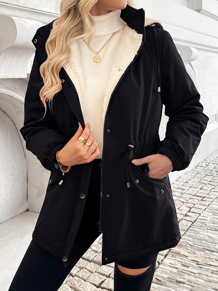 Plush-Lined Hooded Jacket with Zip and Snap Front