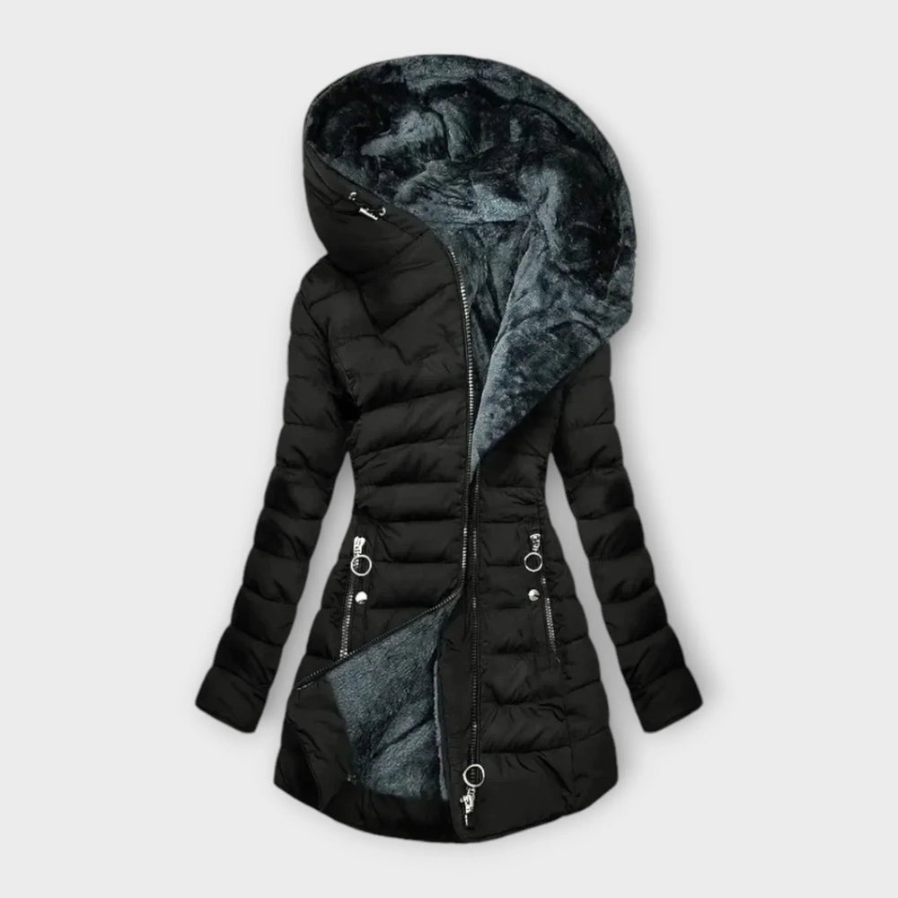Quilted Hooded Puffer Coat with Faux Fur Lining and Zip Front - Marl & Mere