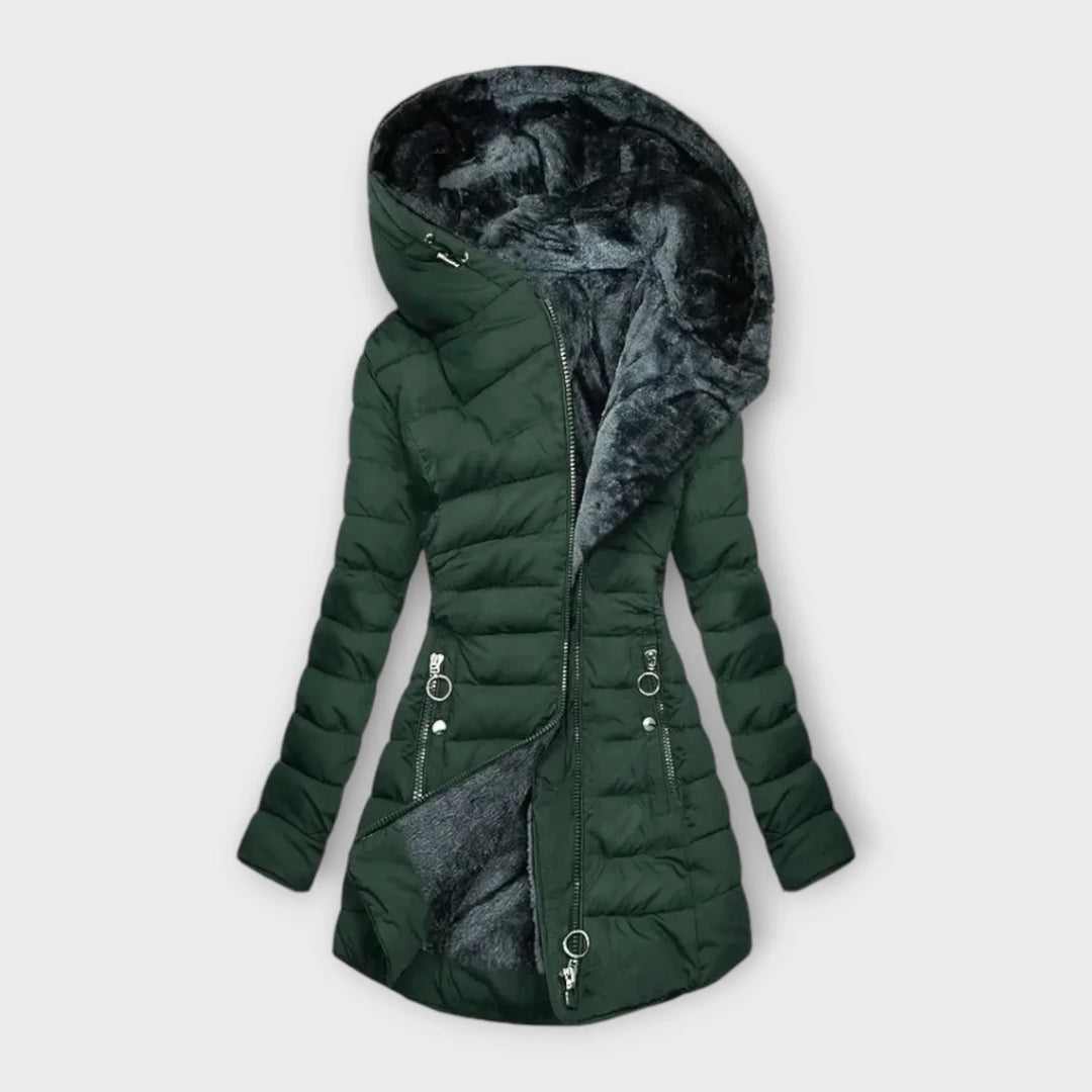Quilted Hooded Puffer Coat with Faux Fur Lining and Zip Front - Marl &amp; Mere