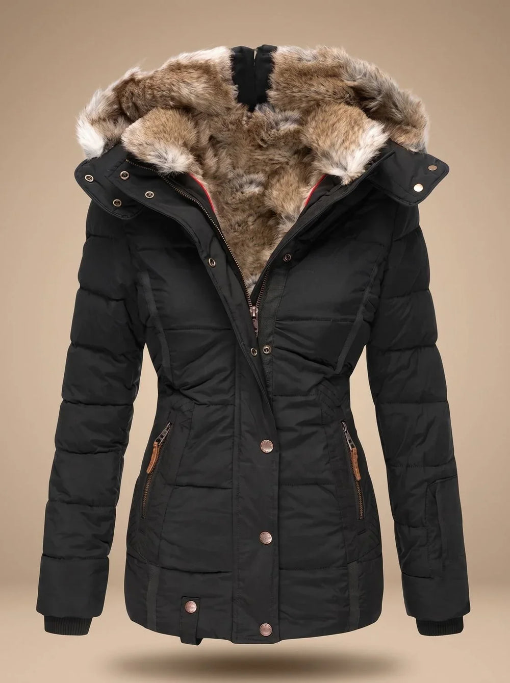 Quilted Puffer Coat with Faux Fur Hood and Cinched Waist