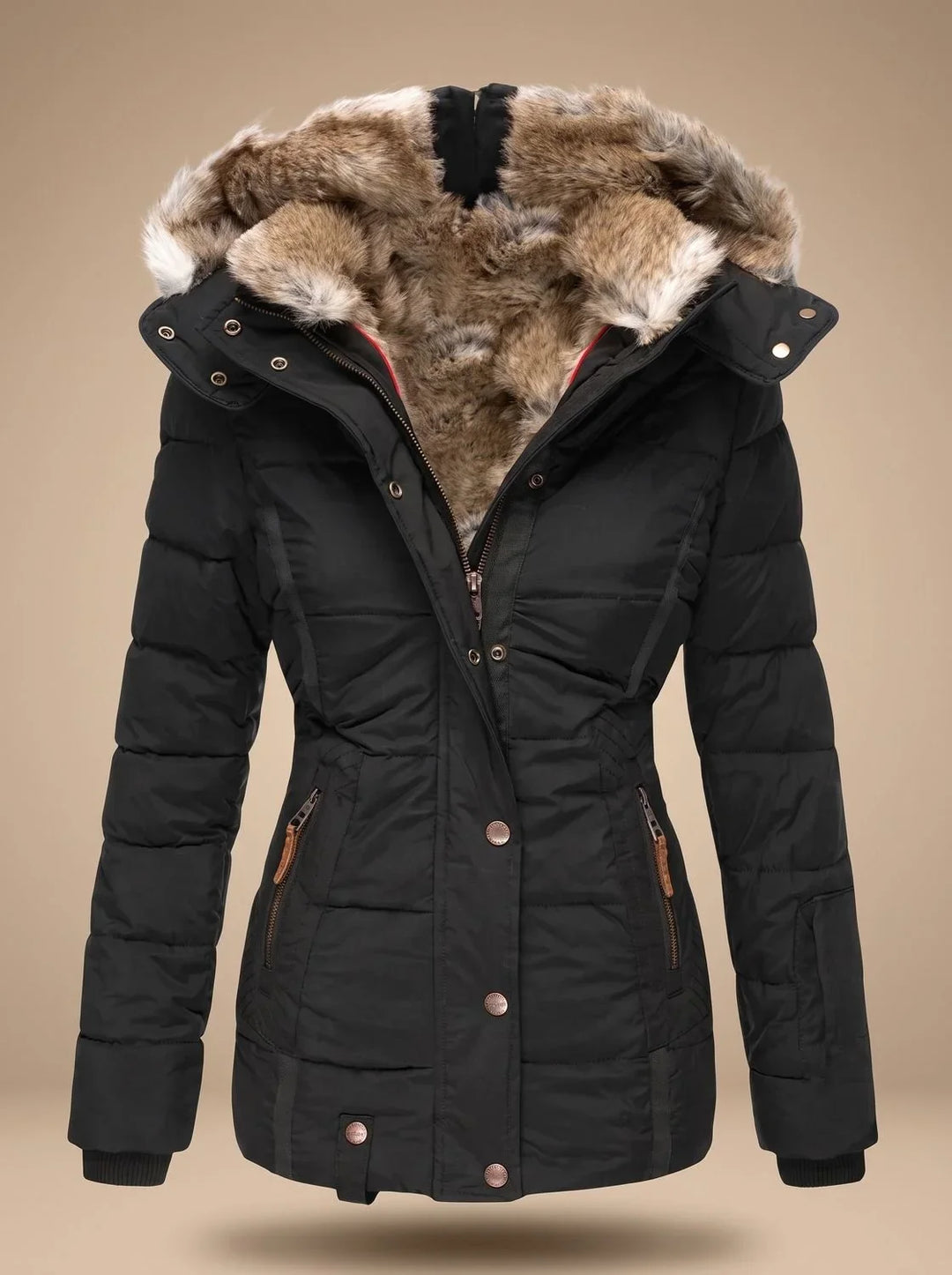 Quilted Puffer Coat with Faux Fur Hood and Cinched Waist