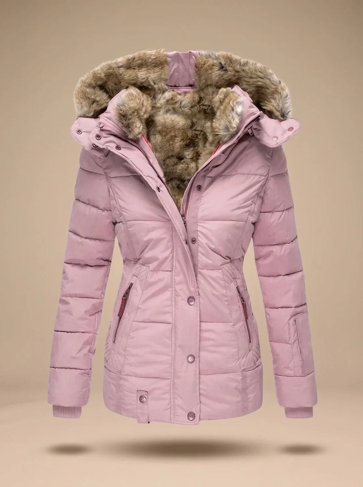 Quilted Puffer Coat with Faux Fur Hood and Cinched Waist