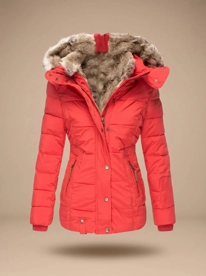Quilted Puffer Coat with Faux Fur Hood and Cinched Waist