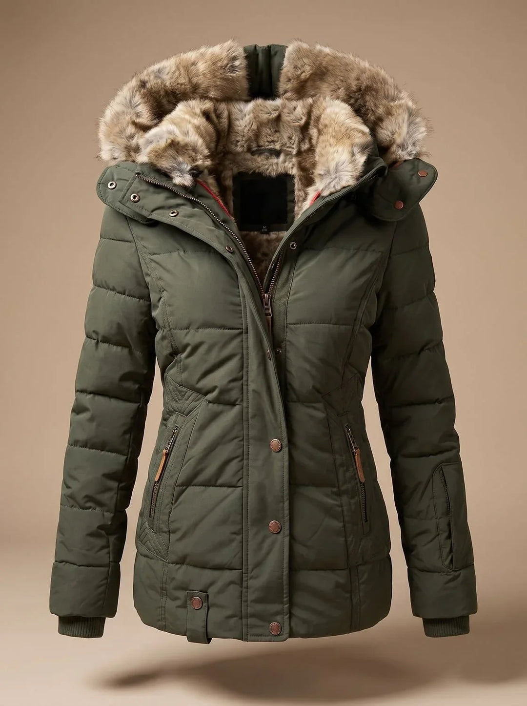 Quilted Puffer Coat with Faux Fur Hood and Cinched Waist - Marl & Mere